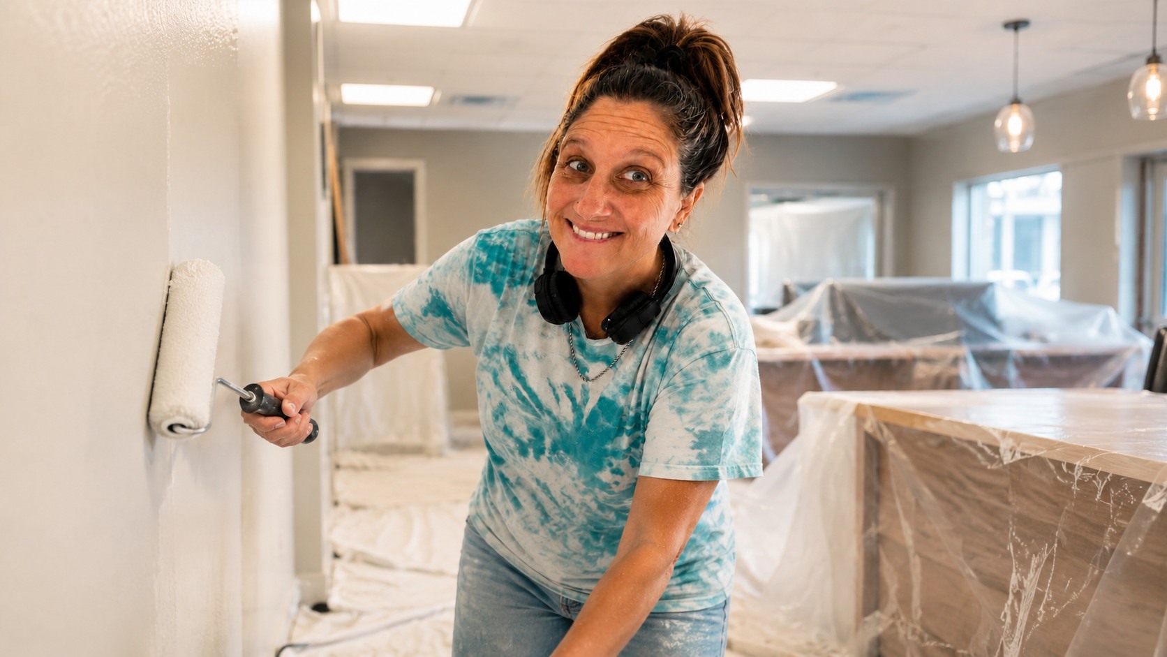 Stacy painting an interior wall in a carefully protected residential room